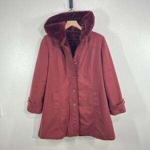 Vtg 70s Bonders Exclusive All Seasons Calendar Cloth Coat Red Faux Fur Lined S/M